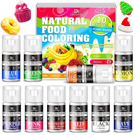 Natural Food Coloring, 10 Colors Bright Liquid Dye Free Food Coloring, Plant Based Food Colorings for Baking, DIY Cake Making, Cookie Decorating, Donut, Cream, Fondant, Candy & Baking Adult Hobby