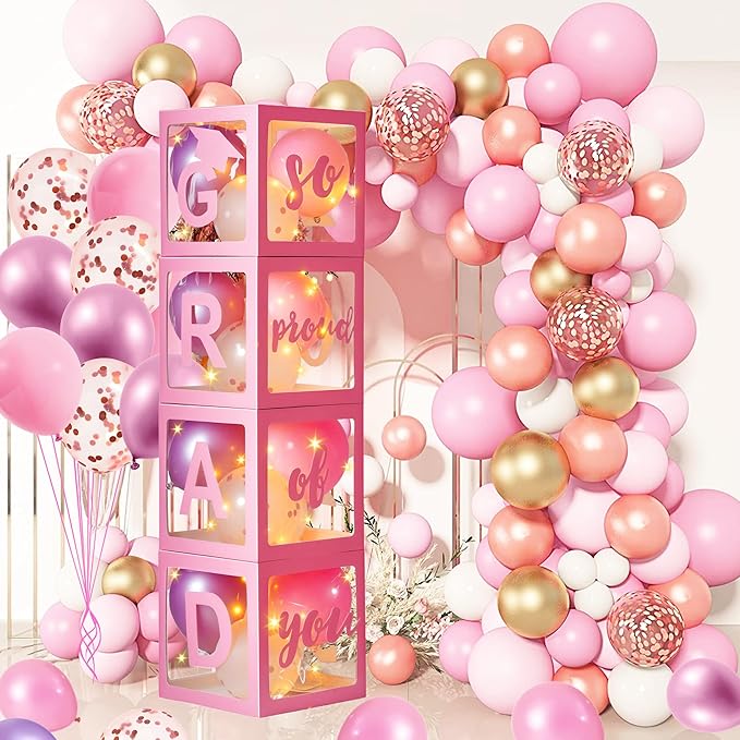 AYGXU Graduation decorations class of 2026 pink- Graduation Decorations, Balloons Box (4PCS) with letters&balloons,balloon stand set for table,LED String Light,graduation party decorations