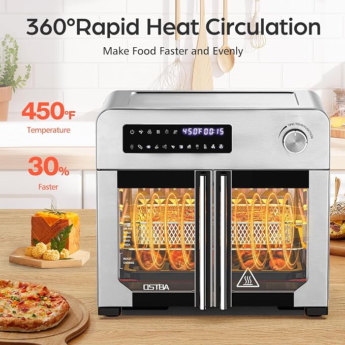 OSTBA French Door Air Fryer Toaster Oven Combo, 24QT 10-in-1 Oven | 10-in-1 Cooking, 1700W Power, Adjustable Fan Speed, Rotisserie Function, 102-Recipe Book, 6 Accessories