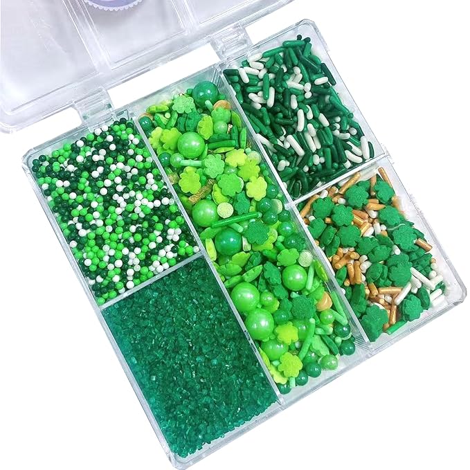 PhilaeEC St Patricks Mix Sprinkles Edible for Cake Decoration Green White Shamrock Nonpareils Jimmies Sprinkles Cake Baking Cookie Cupcake Toppers Decoration Supplies