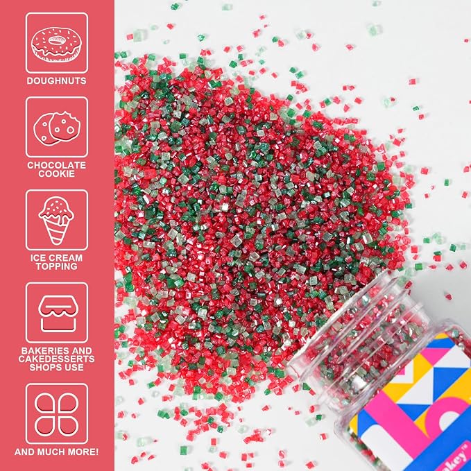 Christmas Sanding Sugar Mix, 4.2oz Edible Red Green Sugar Sprinkles for Cake Decorating, Sparkling Edible Sanding Sugar for Cupcake Toppers Cookie Decorations For Wedding Party Celebrations