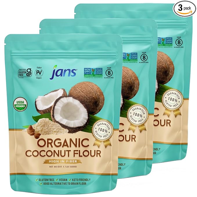 Jans Organic Coconut Flour (1.1 lb, Pack of 3) Certified Organic, Gluten-Free, Keto, Paleo, Vegan Friendly, Multi Purpose Flour Alternative, High Fiber