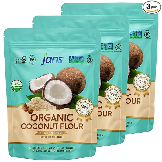 Jans Organic Coconut Flour (1.1 lb, Pack of 3) Certified Organic, Gluten-Free, Keto, Paleo, Vegan Friendly, Multi Purpose Flour Alternative, High Fiber