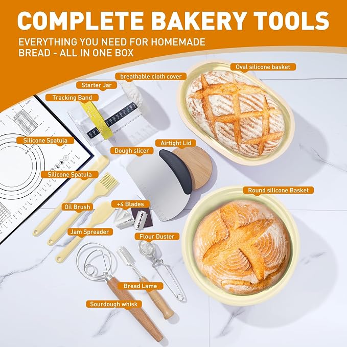 Sourdough Starter Kit,9" Round & 10" Oval Silicone Banneton Bread Proofing Basket Set with Reinforced Support,Sourdough Bread Baking Supplies Kit,34oz Sourdough Starter Jar,Baking Mat(Yellow)