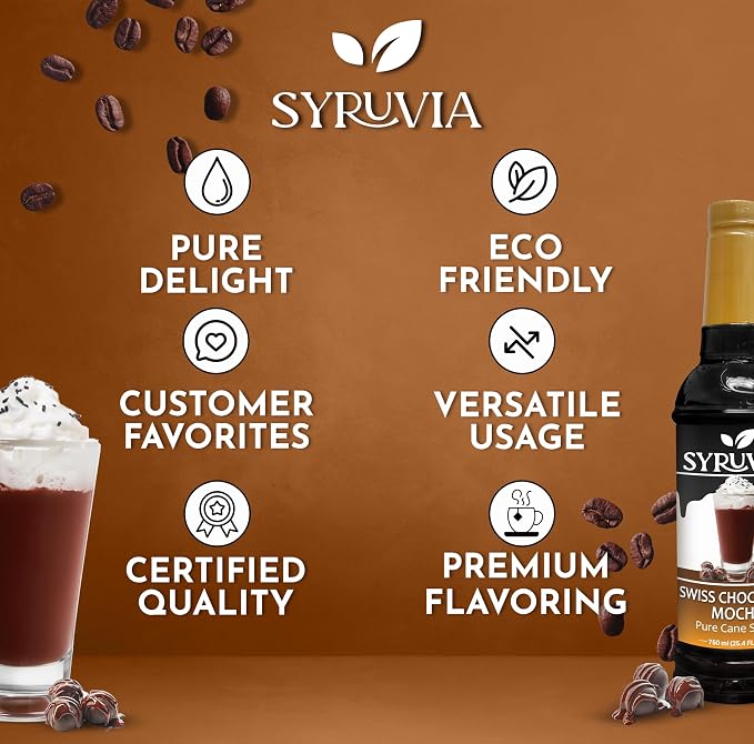 Syruvia Coffee Syrup, Swiss Chocolate Mocha Flavored Syrup for Drinks, Lattes, and Desserts – 25.4 fl oz - with Pump