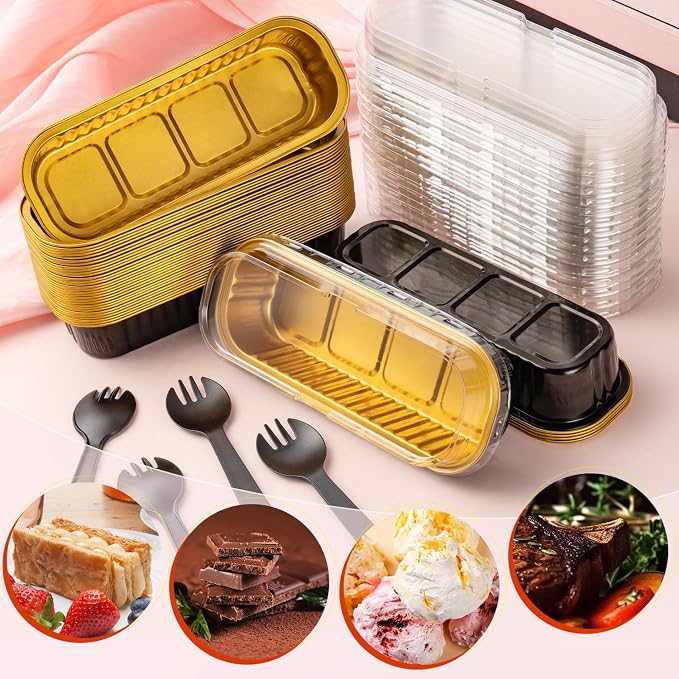 120Pcs Mini Loaf Pans with Lids, Aluminum Foil Baking Pans, Rectangle Mini Cake Pa, Brownie Baking Cups for Wedding Birthday Party (Black Gold)