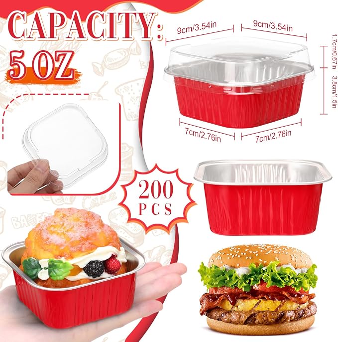 200 Pack 5 oz Mini Cake Pans with Lid, Aluminum Foil Mini Baking Tins, Square Disposable Cupcake Baking Cup Dessert Container for Wedding Birthday Party Picnic(Red,Classic)