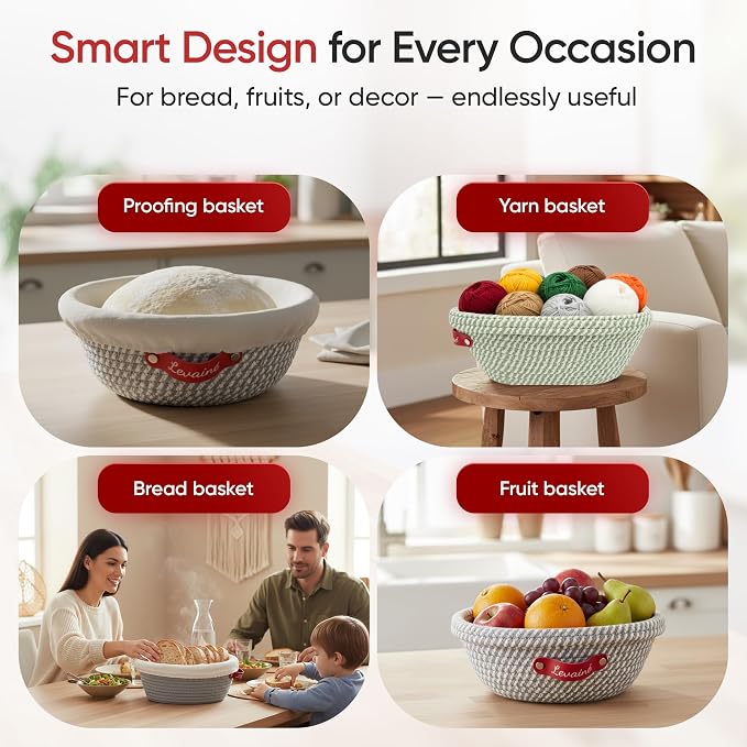 Levainé 2 Pack Cotton Rope Banneton Bread Proofing Basket Set, Round & Oval Sourdough Proofing Baskets with Liners and Covers, Washable Bread Baking Supplies for Homemade Artisan Bread