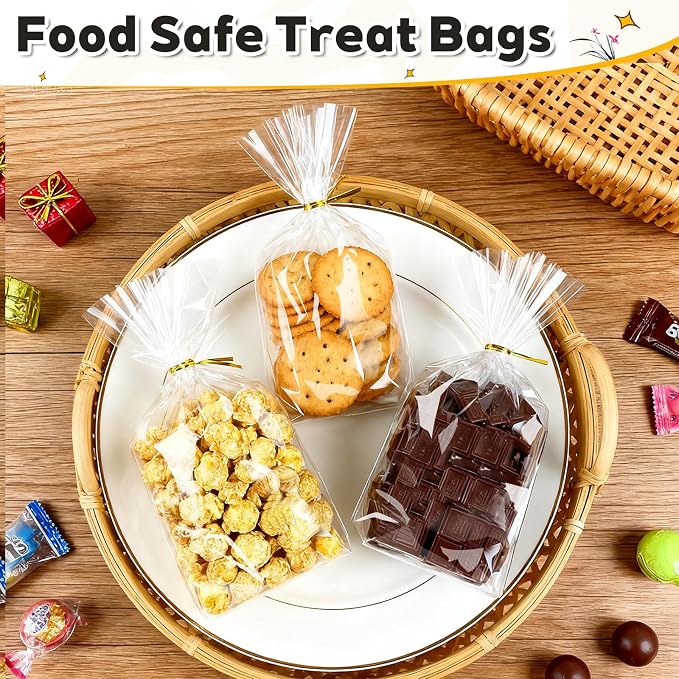 PigPotParty Cellophane Treat Bags 7x10 Inch, 100 Pack Clear Goodie Bags with Bottom Gusset for Stand-Up Display, Small Plastic Gift Wrap for Cookies, Candy, Party Favors, Popcorn, Includes 100 Ties