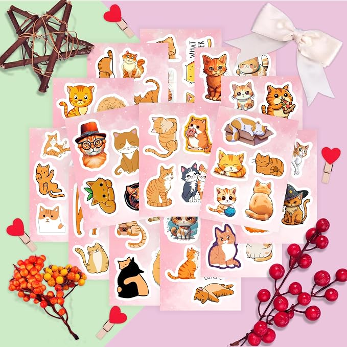 BulbaCraft Orange Cat Stickers for Water Bottle and Laptop - Orange Cat Party Supplies & Decorations, Waterproof Vinyl Decals, Cute Animal and Pet Stickers, Gifts for Women & Men