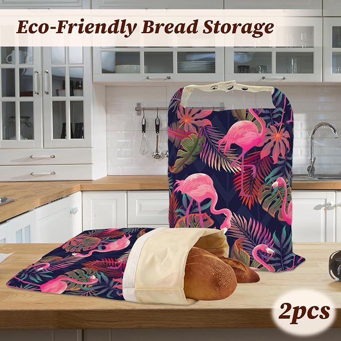 Beeswax Bread Bags, 2 Pack for Homemade Bread and Sourdough Storage | Pink Flamingo Tropical, Reusable Polyester Bread Storage With Beeswax Coating And Snap Closures