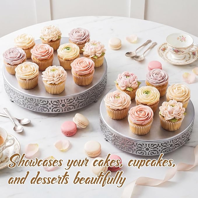 Wenqik 2 Pcs Silver Metal Cake Stand, 14" 16" Large Round Cupcake Stand Dessert Table Display Set Cake Holder for Wedding Birthday Party Bridal Shower Anniversary Table Decoration