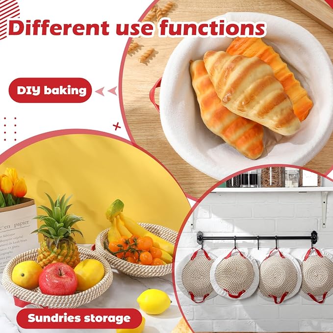 Gejoy 4 Pcs 9.1 Inch Cotton Rope Banneton Bread Proofing Basket Set Round Bread Baskets with Liners & Covers Proofing Baskets for Sourdough Baking with 4 Strickle for Home Bakers Wife (Yellow, White)