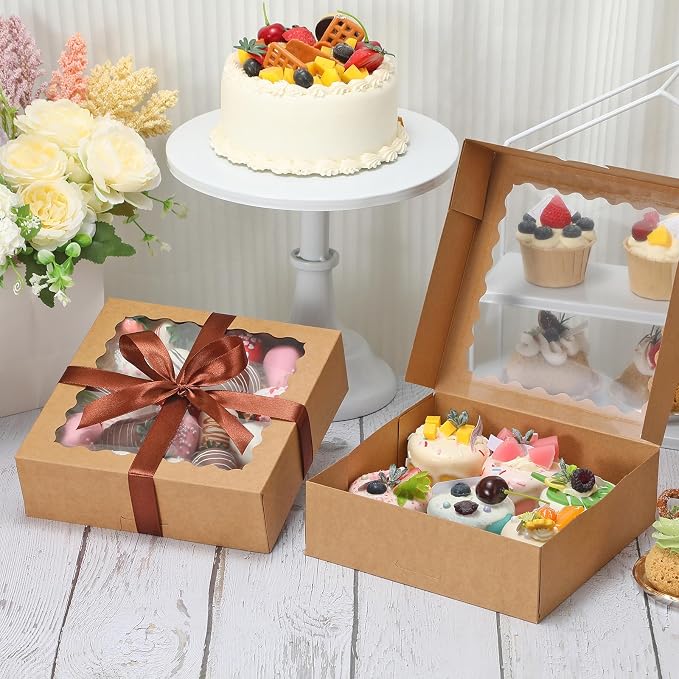 COTOPHER Auto Pop Up Cookie Box with Window 8x8x2.5 Inches – 50 Pack Brown Bakery Boxes with Ribbon for Birthday Party Favors, Wedding, Christmas Gift Packaging for Cookies, Candy, Macarons