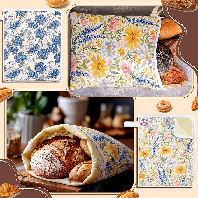 Hahafelt 2 Pack Beeswax Bread Bags for Homemade Sourdough Bread 17" x 13" Wide Zipper Access Organic Beeswax Linen Cotton Food Storage Bag with Sealing Zip to Keep Fresh (Flower)