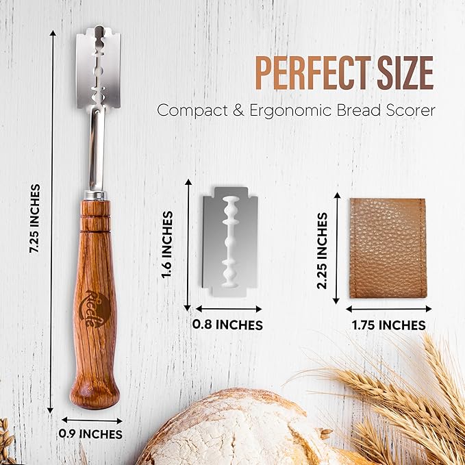 RICCLE Bread Lame Slashing Tool, Oakwood Ergonomic Handle Dough Scoring Knife with 10 Razor Blades and Storage Cover