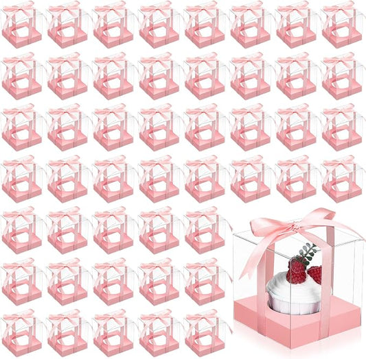 Thenshop 50 Pcs Clear Cupcake Boxes Individual 3.5 Inch Plastic Single Cupcake Containers Boxes with Inserts and Ribbon Individual Cake Storage Holders for Cake Kitchen(Pink)