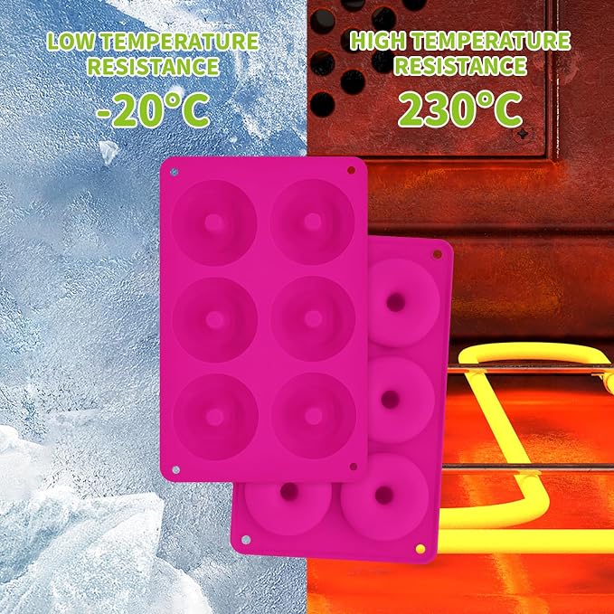 2er Pack Silicone Donut Mold - Non-Stick Silicone Doughnut Pan DIY Chocolate Baking Cookie Molds, Heat Resistant, Make Donut Cake Biscuit Bagels, BPA Free Dishwasher Safe (rose red, 6 Cavities)