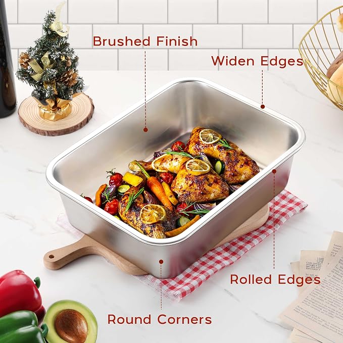 Onader Lasagna Pan 12¾ x 10 Inch, Deep Stainless Steel Cake Pan, Rectangular Baking Dish