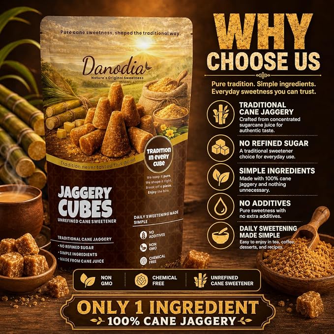 Danodia Foods Organic Jaggery Cubes, Cane Gur Sweetener, 1 lb Pack | Traditional sugarcane gur cubes for tea, coffee, cooking, baking, desserts and Indian pantry recipes; no preservatives used