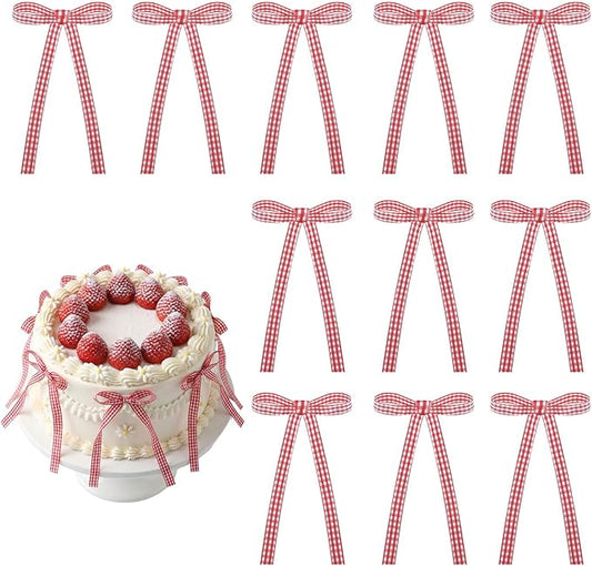 30 PCS Red Gingham Bows for Cake Ribbon Bow Cake Toppers Bow Cupcake Topper for Birthday Wedding Bachelorette Baby Shower 4th of July Decoratings Desserts and Party Food