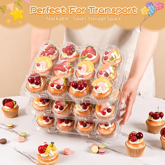 12 Pack x 12 Sets Plastic Cupcake Containers, Stackable Cupcake Boxes Holders with Tall Dome Lid, Disposable Clear Cupcake Carrier Trays for Bakery Transport
