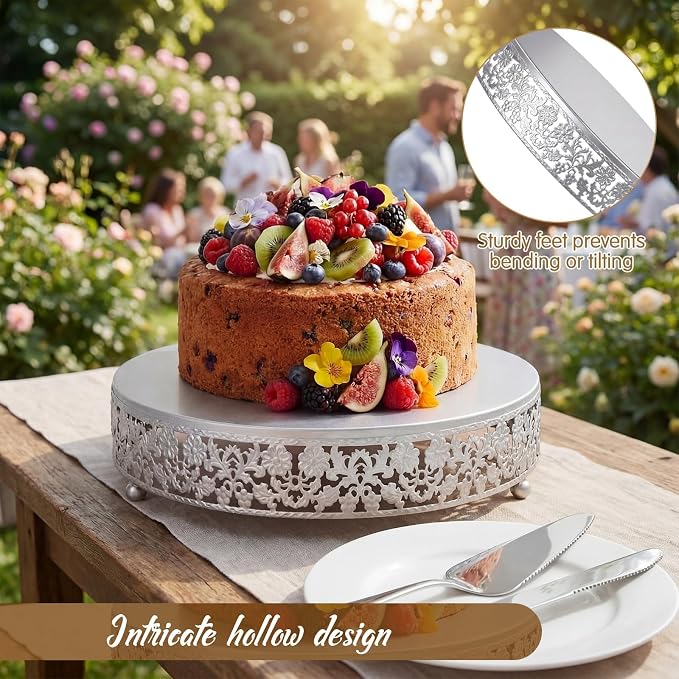 Wenqik 12 Inch Silver Cake Stand Set Metal Round Cupcake Dessert Stand with Cake Cutting, Flower Spatula Wedding Cupcake Pastry Display Candy Holder Display for Wedding Party Birthday Baby Shower