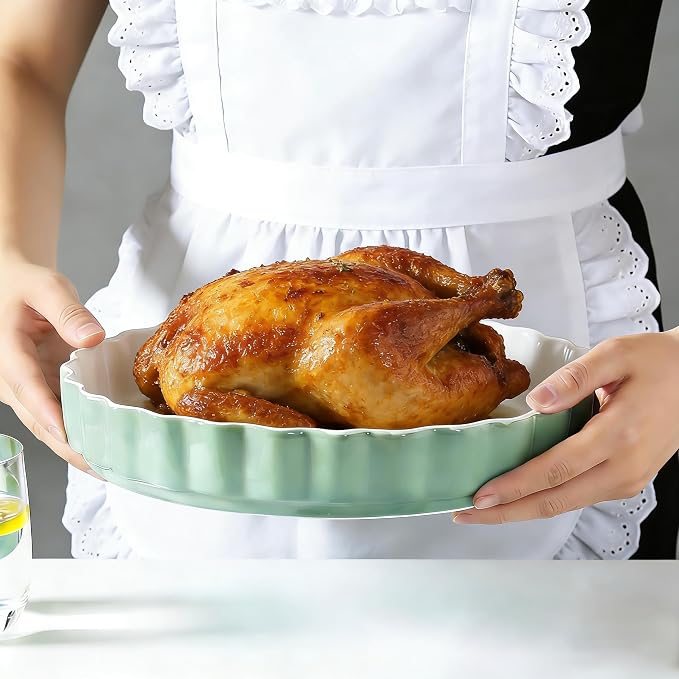 Quiche Baking Dish,Ceramic Pie Pan 11 Inch Reusable,Pizza Pan，Non-Stick Round Tart Pan with Ruffled Edge Microwave Dishwasher and Oven Safe (GREEN)