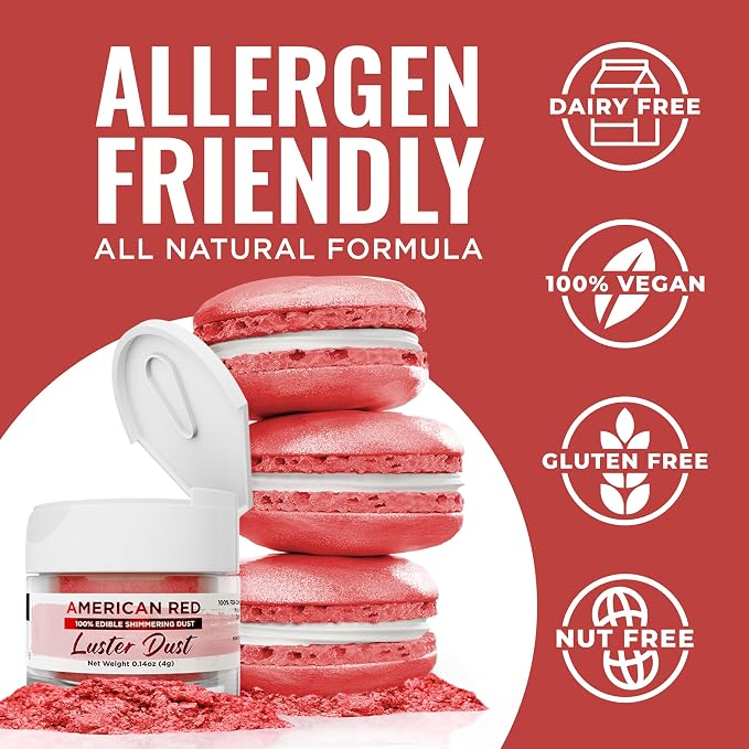 Luster Dust - American Red (4g 1x Jar) | Edible Vegan Dust & Paint for Cake Decorating, Ice Cream, Desserts, Cocktails and Beverages by Bakell
