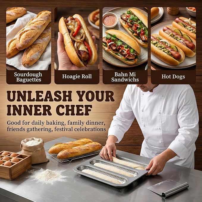 ZOOFOX 2 Pack Nonstick Perforated Baguette Pan, 3-Slot French Bread Baking Pan, Carbon Steel Baguette Tray for Professional and Home Baker, Sourdough, Italian Bread Baking