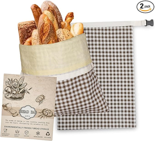 LURKA Beeswax Bread Bags, Reusable Cotton Linen Storage Bags for Sourdough, Extra Large, 2 Pack (B Style)