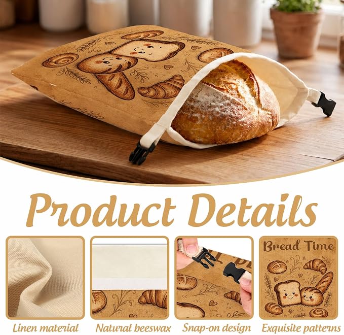 2 Pack Retro Beeswax Bread Bags for Homemade Bread, Natural Beeswax Storage Bag, Reusable Linen, Food Storage Cloth Bag with Buckle, Keep Loaves Fresh Longer, Home Portable Supplies 13 * 17IN