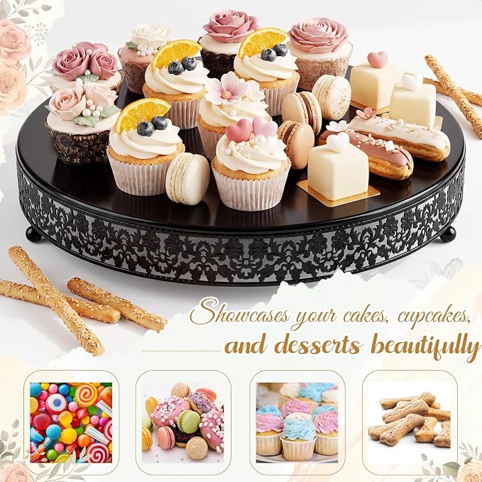 Wenqik 20 Inch Black Cake Stand Set Metal Round Cupcake Dessert Stand with Cake Cutting, Flower Spatula Wedding Cupcake Pastry Display Candy Holder Display for Wedding Party Birthday Baby Shower