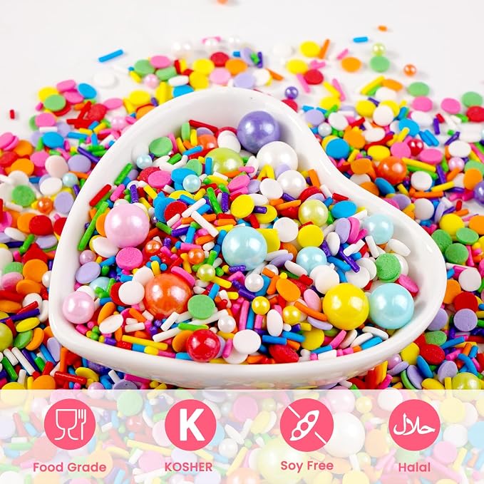 Dazzjoy Rainbow Jimmie Sprinkles, 130g/4.59oz, Edible Confetti Round, Rainbow Pearl Sugar Sprinkles for Cake Decorating, Baking Cake Decoration, Cupcakes, Ice Cream, Birthday Party Holiday Supplies