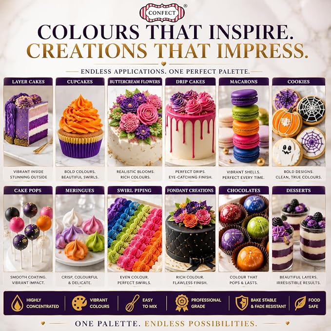 Confect Halloween – Spooky Bakes Gel Food Coloring Set – 12 Highly Pigmented Colors for Buttercream, Cakes, Cookies, Macarons & Baking – 10mL Bottles