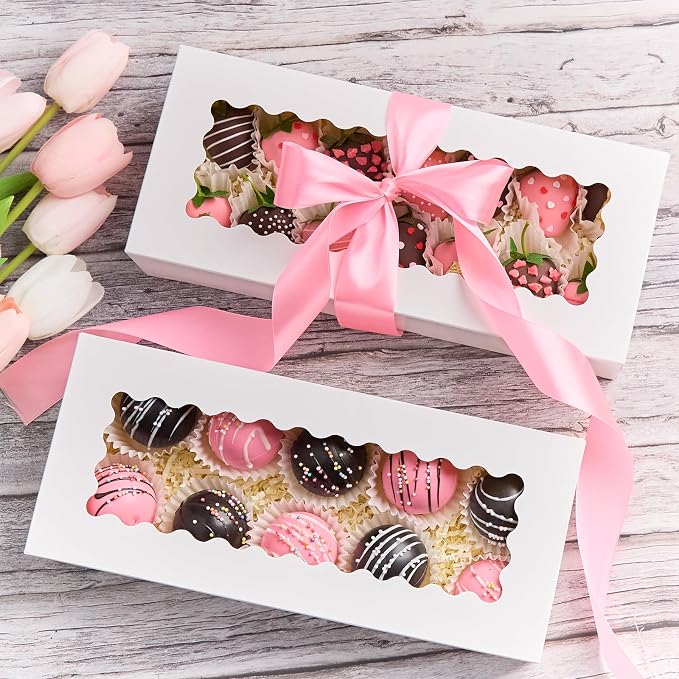 Kucoele Cookie Boxes with Window, 30 PCS, 12.5 x 5.5 x 2.5 Inches, White | Auto-Popup, Bakery Boxes, Treat Boxes, For Chocolate Covered Strawberries, Hot Cocoa Bombs, Pastries, Donuts, Muffins