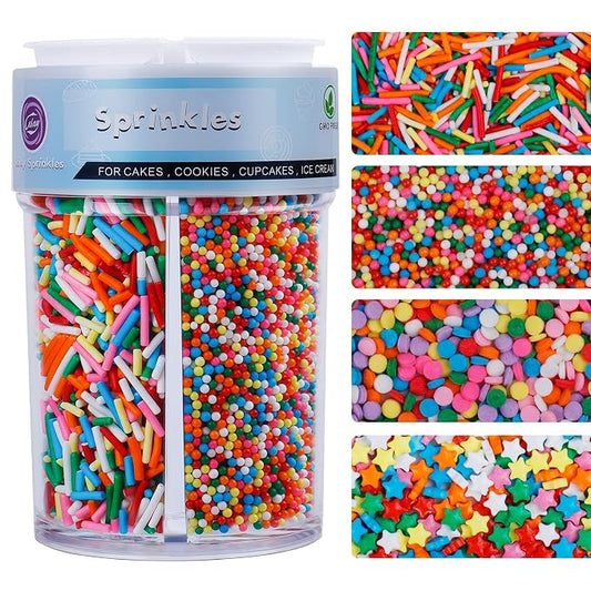 Rainbow Dot Sprinkles for Cake Decorating, 8Oz 4-Cell Edible Sugar Sprinkles Mix with Nonpareil, Jimmies, Star Shapes & Confetti Circles for Cookies Cake Ice Cream Cupcakes Brownie Baking Topping