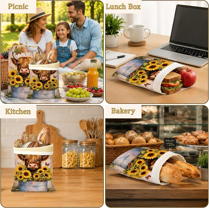 2 Pack Beeswax Highland Cow Bread Bags for Sourdough, Reusable Linen Sunflowers Butterfly Bread Bag 17x13'' Food Storage Cloth Bag Freezer-Friendly & Freshness Preservation