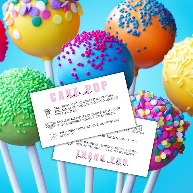 Cake Pop Care Instruction Cards | 50 pk 2x3.5” Client Storage Template Packaging DIY Cookie Cupcake Dipped Strawberry Baker Sweets Label