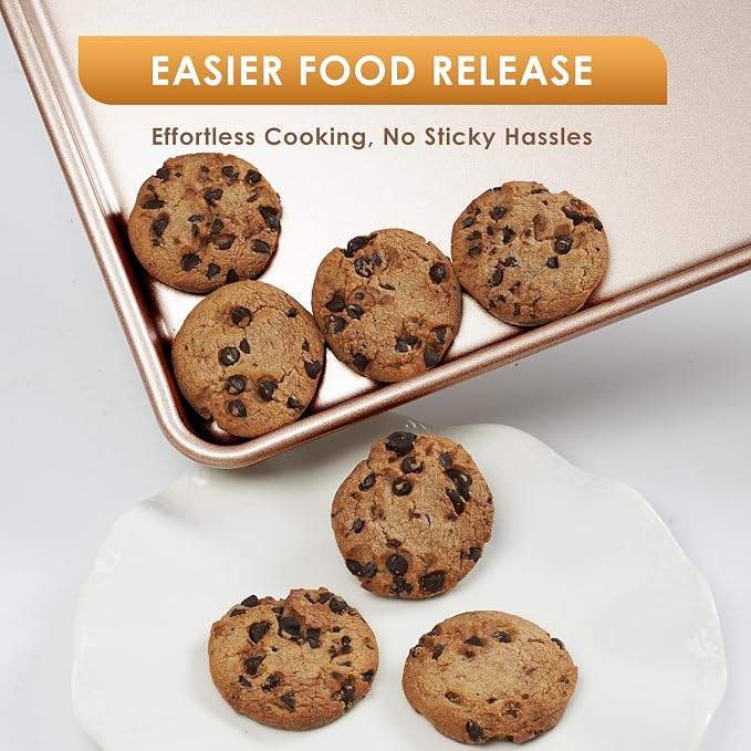Baking Sheet Pan Set of 3, Nonstick Commercial Cookie Sheets for Baking | Half/Quarter/Jelly Roll Pans Replacement Toaster Oven Tray, Heavy Duty & Easy Clean, Rose Gold