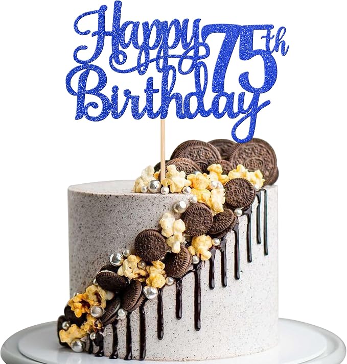 1 PCS Happy 75th Birthday Cake Topper Glitter Cheers to 75 Years Birthday Cake Pick Seventy Five 75 Fabulous Cake Decoration for Happy 75th Birthday Theme Party Decorations Supplies Blue