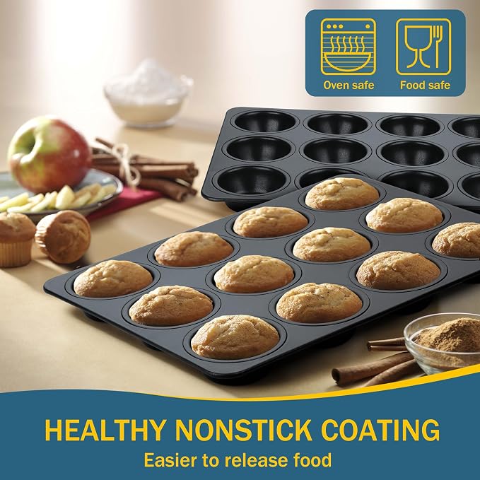 E-far Nonstick Muffin Pan 12 Cups Set of 2, Stainless Steel Muffin Tin Cupcake Pan Tray for Baking, Stainless Steel Core & Non Toxic, Easy Release & Easy Clean, Black