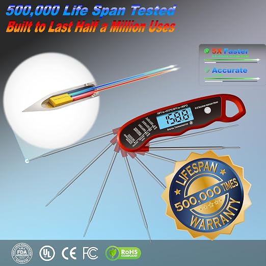 0.6S Instant Read Digital Meat Thermometer Pen for Outdoor BBQ, Grilling, Smoking, Oven Baking, Oil, Candy with Factory-Calibrated Waterproof Magnetic Backlit Flip Display, Motion Sensor.