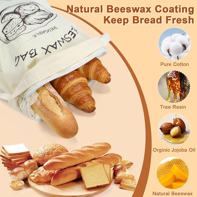 Beeswax Bread Bag 2 Pack, Reusable Organic Cotton Beeswax Bread Bags for Sourdough Homemade Bread, 17x13 Inch Large Capacity, Eco-Friendly, Keep Fresh, Locks in Moisture, Lock Closure, Easy to Clean