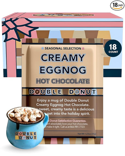Double Donut Coffee Creamy Eggnog Hot Chocolate Mix Packets, Flavored Eggnog Hot Cocoa Mix, 18 Count