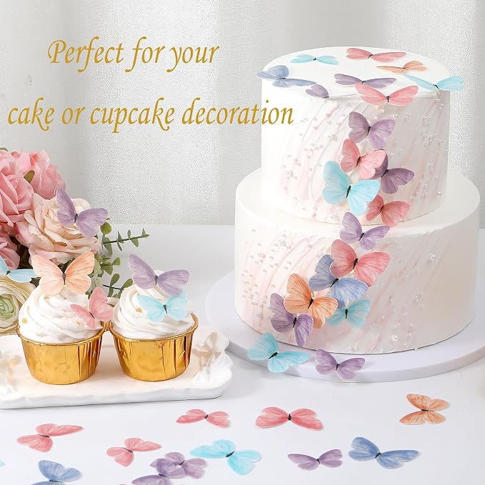 58Pcs Edible Butterflies Cake Toppers Wafer Paper Butterfly for Cake Cupcake Decorations Colorful Small Pastel Cupcake Topper for Wedding Birthday Baby Shower Cake Decoratings(Mix Color & Size)