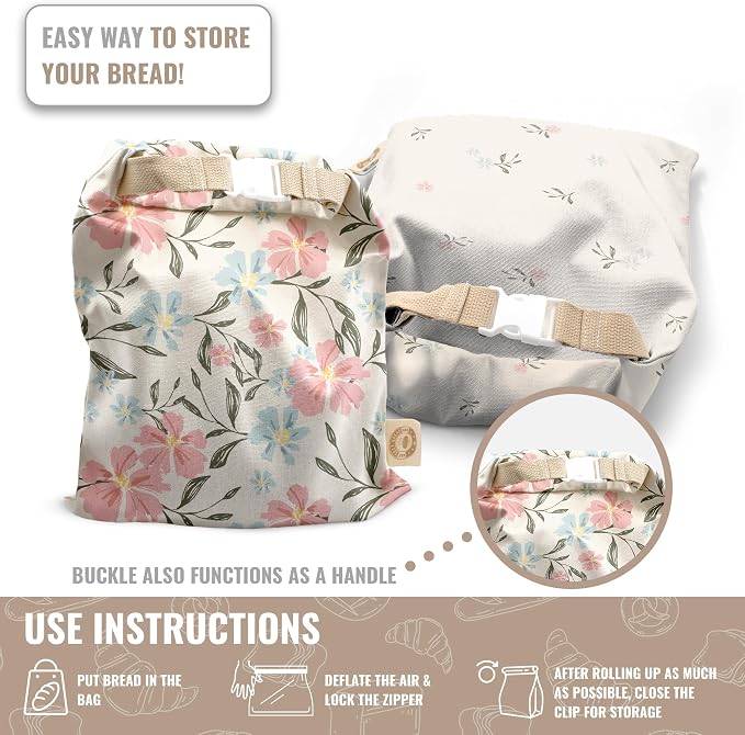 Cozy Bread® Reusable Bread Bag Set for Home Bakers | USA Brand | Charming Bread Designs (Hibiscus)