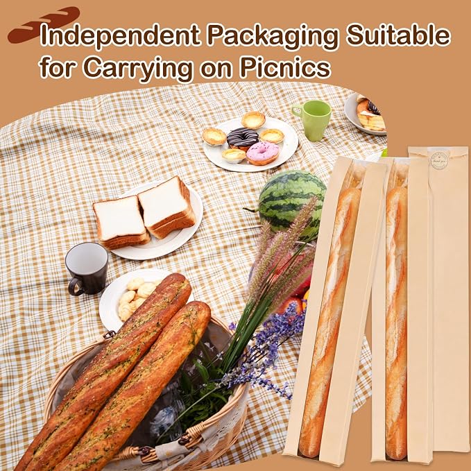 50 Pack Baguette Bags for Homemade Bread with Stickers, Reusable Kraft Paper Bread Bags, Long Sourdough Paper Bag with Clear Front Window