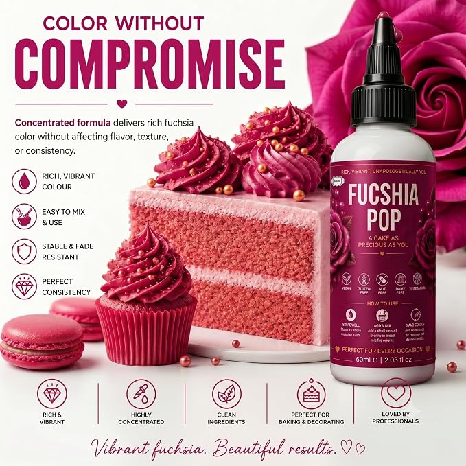 Confect Fuchsia Pop Gel Food Coloring – Highly Pigmented Gel Based Food Color for Buttercream, Cakes, Cookies & Baking – 60mL / 2 FL OZ