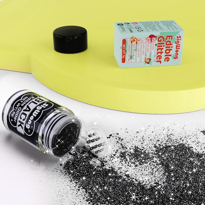 Black Edible Glitter - 5g Food Grade Cake Decorating Shimmering Glitter, Edible Sprinkle Luster Dust for Drinks, Chocolates, Fondant, Strawberries, Cupcakes, Candy, Easter Cookie - Vegan